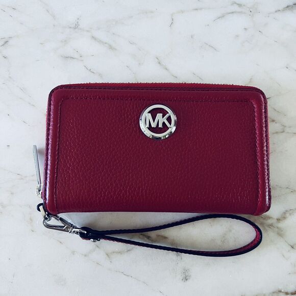 MICHAEL KORS Fulton Scarlet Leather Multi Function Phone Zip Wallet Wristlet - Picture 1 of 6